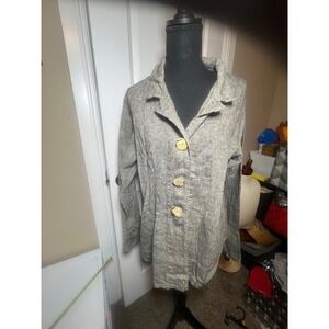 FLAX Women's Medium‎ Linen Jacket Gray Button Front Collared Blazer